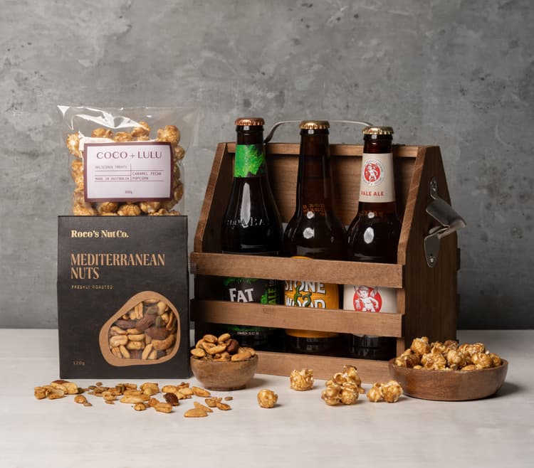 Wooden Beer Caddy with Snacks A7401562-Edit