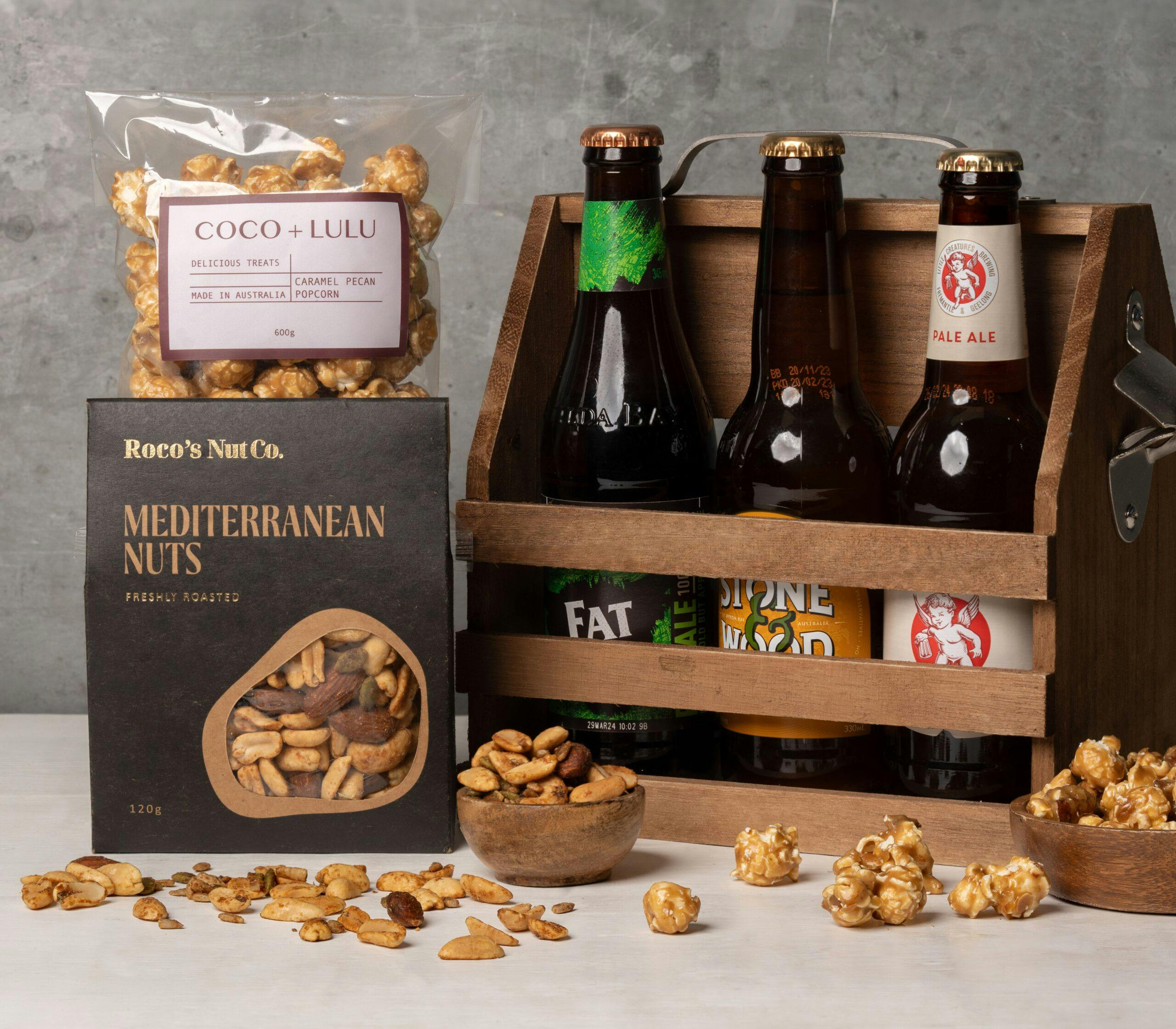 Wooden Beer Caddy with Snacks A7401562-Edit